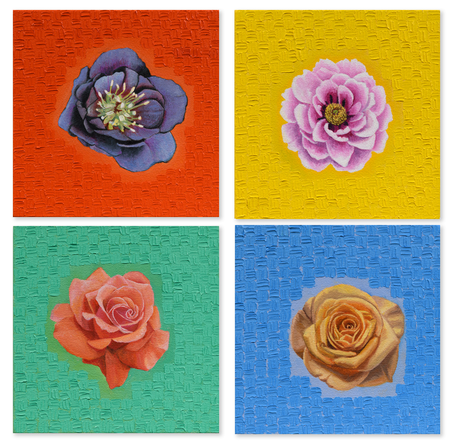 Dark Petals, Pink & Yellow, Pink Rose, Yellow & Blue (from top left)